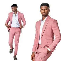 pink Men's Suit 2 Pieces Blazer Pants One Butt Peaked Lapel Busin Formal Slim Fit Work Wedding Groom Tailored Costume Homme W2MU#