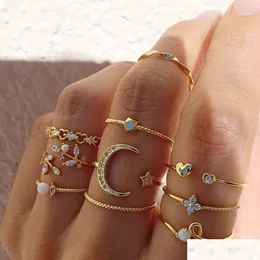 Band Rings 10Pcs/Set New Bohemian Gold Color Chain Set Boho Coin Snake Moon Party For Women Fashion Jewelry Gifts Drop Delivery Ring Otxgi