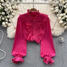 Women's Blouses Korean Fashion Satin Shirts Woman Single-breasted Vintage Blouse With Ruffle Oversize Blusas Women Long Sleeve Top Dropship