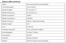 Высокое качество Knuckle AUTO Тактический нож 440C с одной кромкой Drop Point Fine Znal Ручка Лезвие Подарочные ножи с нейлоновой сумкой4880543