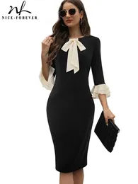 Nice-Forever Herbst-Damen-Chic-Patchwork mit Schleife, Kleider, formelle Business-Party, elegantes Vintage-Bodycon-Kleid B800 240312