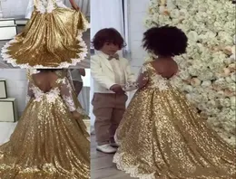 Bling Gold Sequins Flower Girl Dresses Lace Appliques Long Sleeve Gir Sleeveless HiLo A Line White Pageant Gowns Kids With Pleats6876989