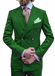 Gröna mäns 2 stycken formell busin kostym skakning lapel mild dubbel bröstig smoking brudgummen för bröllop/festblazer+byxor t1kv#
