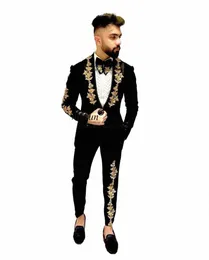 Schwarz Gold Applikationen Männer Anzüge 2 Stück Set Hübscher Bräutigam Hochzeit Smoking Slim Fit Formelle Busin Männliche Blazer Hosen Outfit l3fz #