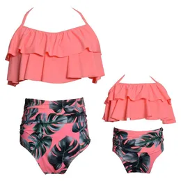 Custom Parent-child Swimsuit Printing High Waist Bikini Ruffled Mother and Daughter Swimwear Female Seaside Sunbath Surf Bikinis