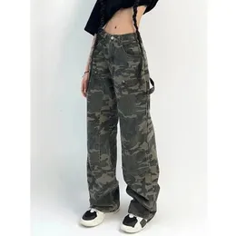 MEXZT Camouflage Cargo Pants Women Y2K Streetwear Low Rise Jeans Retro Wide Leg Trousers Denim Straight Harajuku 240315