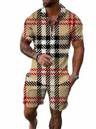 Summer Men Polo Shirt Set Tracksuit Vintage Outfit Hawaii 2 Pieces Casual Busin Suit Fi Trun Down Collar Zipper Clothing U1nj#