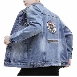 Giacca di jeans da uomo stampato nero streetwear bomber giacca ricamo primavera autunno giacca a vento blu Jean coreano Fi allentato nuovo E5nn #