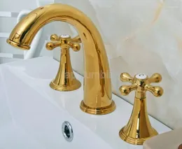 Badrumsvaskar kranar lyxguld mässing 2 handtag korsknapp utbredd tre hål 3 stycken kran däckmonterad Vanity Mixer Tap TGF021