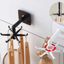 Kitchen Storage Punch-free Wall-mounted Shelf 6 Rotating 1pc Black Hooks Pot Shovel Chopping Nail-free Adhesive Hook Rack