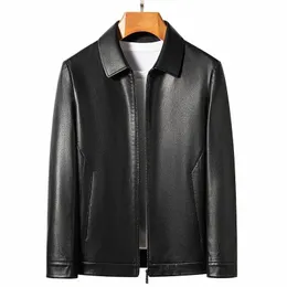 2024 Spring and Autumn Men's Genuine Leather Polo Mock Neck Jacket Fi Slim Sheepskin Coat Black Grey Husband Gift Youth 31Bv#