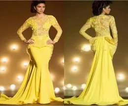 Saudi Arabia Dubai Mermaid Evening Dresses Sexy Yellow Formal Prom Gowns Kaftan Lace Long Sleeve robe de soiree1184384