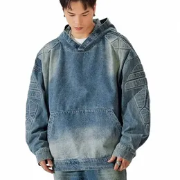 Denim jaqueta com capuz homens mulheres cvex tartaruga shell padrão solto casual vintage moletom casaco rua qua denim pullovers novo d9pY #