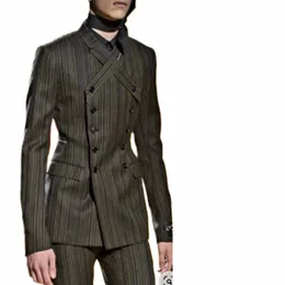 su misura 21 # pantaloni blazer a righe 2 pezzi giacca pantaloni abito da uomo cena usura festa abbigliamento da sposa uomo culo marrone V7ae #