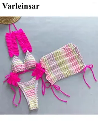 Kvinnors badkläder med kjol viftade rufsade frilled bikini kvinnliga baddräkt kvinnor tredelar set bather baddräkt simning v5235sw