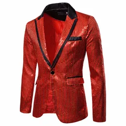 Fiable Luxuriöse Pailletten-Anzugjacke für Herren, Farbblock-Kragen, lässiger Single-Butt-Blazer, Mäntel, charmante Herrenbekleidung c0yx #