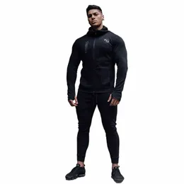 Männer Trainingsanzug Schwarz Sportswear Cott Reißverschluss Strickjacke Hoodie Hosen Set Gym Running Training Bodybuilding Fitn Kleidung x24T #