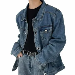 Wed dżinsowa kurtka męska streetwear HG KG w stylu High Street Workwear kurtka koreańska przystojna najlepsza estetyczna lapy dżinsowe płaszcz 51DA#