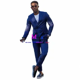 striped Double Breasted Busin Man Suit Royal Blue Slim Fit Groom Suits For Wedding 2 Pieces Blazer Pants Formal Men Suit Set s16H#