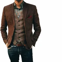 Marrone Herringbe Abito da uomo Blazer Tweed monopetto con risvolto dentellato Cappotto in un pezzo Abbigliamento bello per matrimonio / autobus g7nn #