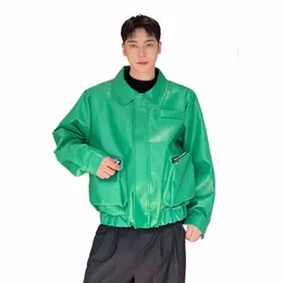 iefb Fi New Men Leather Jackets Persality Green PU Outerwear Big Pocket Niche Design Loose Coat Korean Style Trend 9C2891 t0qJ#