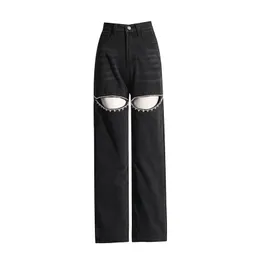 Womens Jeans Women Fashion Diamonds Splicing Ripped Cut Out Front Love Back Wide Leg 2024 INS Street Denim Pants Trousers