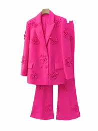 Frauen Anzug Kragen Frühling Jacke Ganzkörperansicht Fuchsia Mantel Fi Stil Micro Flared Hosen FR Anzüge Sets 2 Stück auf Lager U8xf #