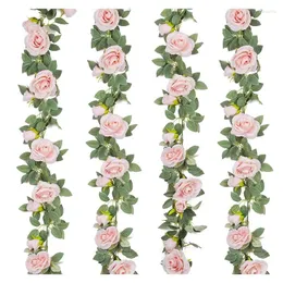 Decorative Flowers 4Pcs(26 FT) Artificial Rose Vine Fake Flower Garland Silk Pink Hanging For Wedding Party Arch Garden