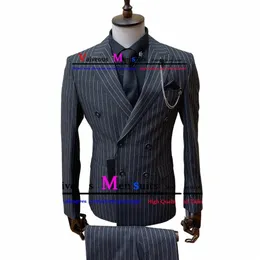 cjunto de traje de dupla botadura para Hombre, traje de 2 peças c solapa y muescas a rayas negras, Blazer trabajo ncios, Pantales X9LQ#