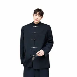 2023 Autumn Korean Style Persalized Metal Bluckle Design Suit Men Casual Lose Stand Karmit dla mężczyzn M-XL T2ZO#