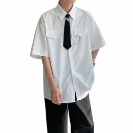 Männer Krawatte Lose Beiläufige Kurzarm Shirts Männlichen Japan Koreanische Streetwear Fi Party Dr Shirts Blusen Bühne Kleidung 84IG #