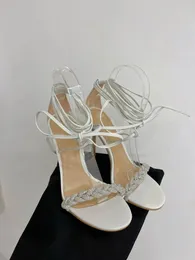 Sandals 2024 High Thin Heels Ankle Strap Lady Rhinestone Twine Around Crystal Sexy Summer Women Runway Wedding Shoes