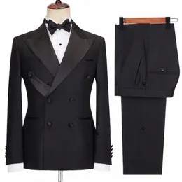 Cenne des Graoom 2024 nowe eleganckie garnitury smokingowe dla mężczyzn podwójnie piersi czarny satynowy kołnierz pant 2pcs