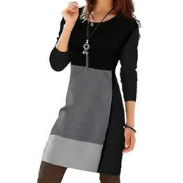 Vintage Women Dress Loose Color Matching Geometric Round Neck Long Sleeve Pullover Spring Mini 240327