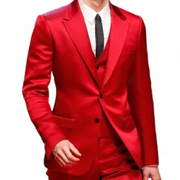 slim Fit Red Men Suits for Prom Singer Stage 3 Piece Satin Wedding Groom Tuxedo Male Fi Jacket Waistcoat with Pants 2023 P8dt#