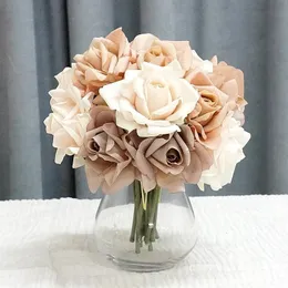 5 Heads Real Touch Curled Edge Rose Bouquet Latex Artificial Flowers for Wedding Home Decoration Fake Flower Bride Holding 240322