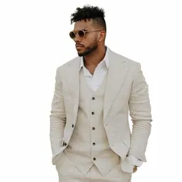 Summer New Orvival Mężczyźni odpowiada wysokiej jakości cienki lniany 3 -częściowy Fi Peak Lapel Męs Blazer Beż Beige Wedding Groom Casual Tuxedo C6YQ#