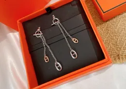 Fashion Silver Color Hollow Double Stud örhängen för Design Link Chain Drop Dangle Earring smycken Tillbehör