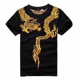 Golden Drag Embroidery Men T-Shirt 2024 New Disual Summer Tops Short Sleeve Tee Tee Black / White B4ez#