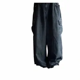 Vintage workowate szeroko nogowe dżinsy męskie BF Dychanie Work Cargo Duże kieszeń proste spodnie tatusia B9CP#