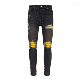 Calças de brim masculinas moda hip hop estiramento magro streetwear rasgado amarelo remendo denim calças de alta qualidade calças de algodão lavável