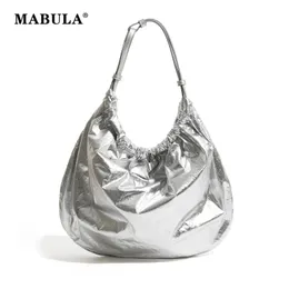 Mabula exclusiva Mulher prateada bolsa Bolsa Big Half Moon PU PU Saco simples de hobo para mulheres Y2K Bolsa de ombro de plissada elegante e elegante 240322