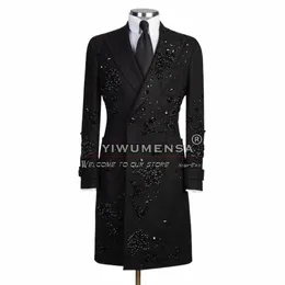 luxury Groom Wedding Suit Jackets Lg Crystals Beading Double Breasted Overcoat Bespoke Man Formal Dinner Party Prom Blazers O7GZ#