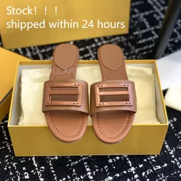 FF Baget Logo Deri Slide Sandals Kadın Terlikleri Lüks Tasarımcı Kadın Ayakkabı Bakır Siyah Yeşil Kahverengi Yaz Moda Slide Plaj Terlik 34-41