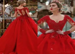 affascinante rosso una linea abiti quinceanera pizzo appliqued sexy illsion maniche lunghe lunghezza pavimento abiti da ballo dolce 16 wears2368714