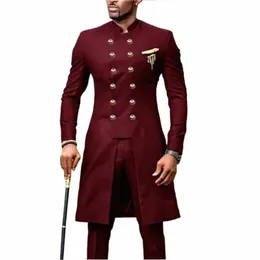 Uomo africano Abiti da sposa Burdy Doppio Petto Giacca Pantaloni 2 Pezzi Stand Collare Prom Blazer Smoking dello sposo Costume Homme A1HU #