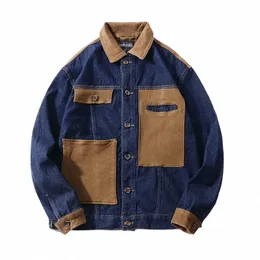 Männer Cargo Trucker Denim Jacken und Mäntel Zwei Farbblock Patchwork Outwear Top für männliche Kleidung Größe M-4XL E3n8 #