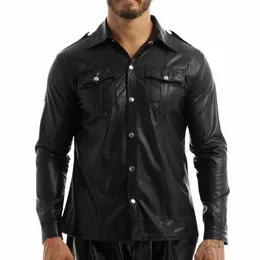 Fi Nightclub Wear Men Men Dr Drts Trend Wet Look Patent Leate Lg Sleeve Slim Fit T-Shirt Top Coatplay J53Z#