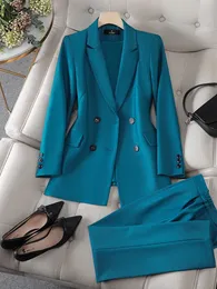 Lässige Damen-Hosen-Sets, langärmelig, zweireihig, Blazer, Hosen, Büroarbeitsanzug, 2-teilige formelle Outfits für berufstätige Frauen 240327