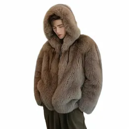 New Fox Fur Whole Leather Imitati One Piece mit Kapuze Warme Kleidung Jugend Winter viktorianische Jacke Männer koreanische FI Trenchcoat P0bH #
